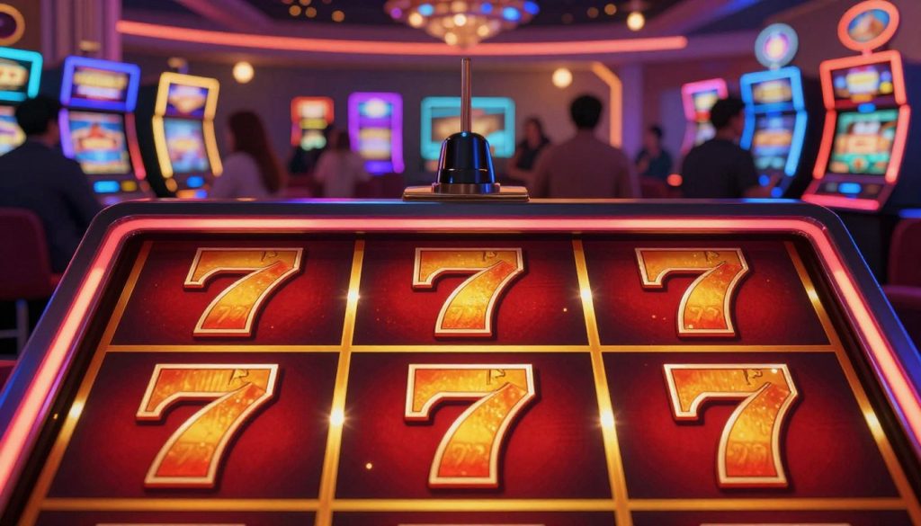 A dynamic and visually striking illustration of a "Triple Red Hot 777" slot game setup. In the foreground, prominently feature the iconic red and gold 777 symbols of the slot machine, sparkling with light reflections. The middle layer shows a vibrant casino environment with illuminated slot machines, creating an inviting atmosphere. The background includes a soft-focus view of cheering players, showcasing a modern casino layout that appeals to Bengali mobile players, with hints of Bengali cultural elements subtly integrated. Use dramatic lighting to accentuate the excitement and thrill of the gameplay, with a slight lens blur to add depth. The overall mood is energetic and engaging, representing safe gaming in a contemporary context.