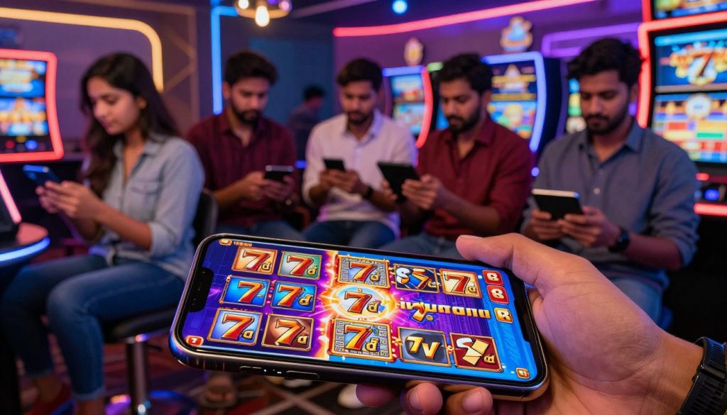 A dynamic scene showcasing a mobile slot gaming experience with a focus on the 777d wild and scatter symbols. In the foreground, a sleek modern smartphone displays a vibrant slot game interface, featuring dazzling bonus symbols and animations. The middle layer includes a diverse group of Bengali players, dressed in modest casual clothing, intently engaging with their devices, creating an atmosphere of excitement and anticipation. The background consists of a stylish, digital casino environment with colorful lights and abstract patterns, enhancing the gaming atmosphere. The lighting is bright and inviting, emphasizing the thrill of mobile gaming. Capture action-oriented angles to convey the sense of excitement in this immersive slot experience.