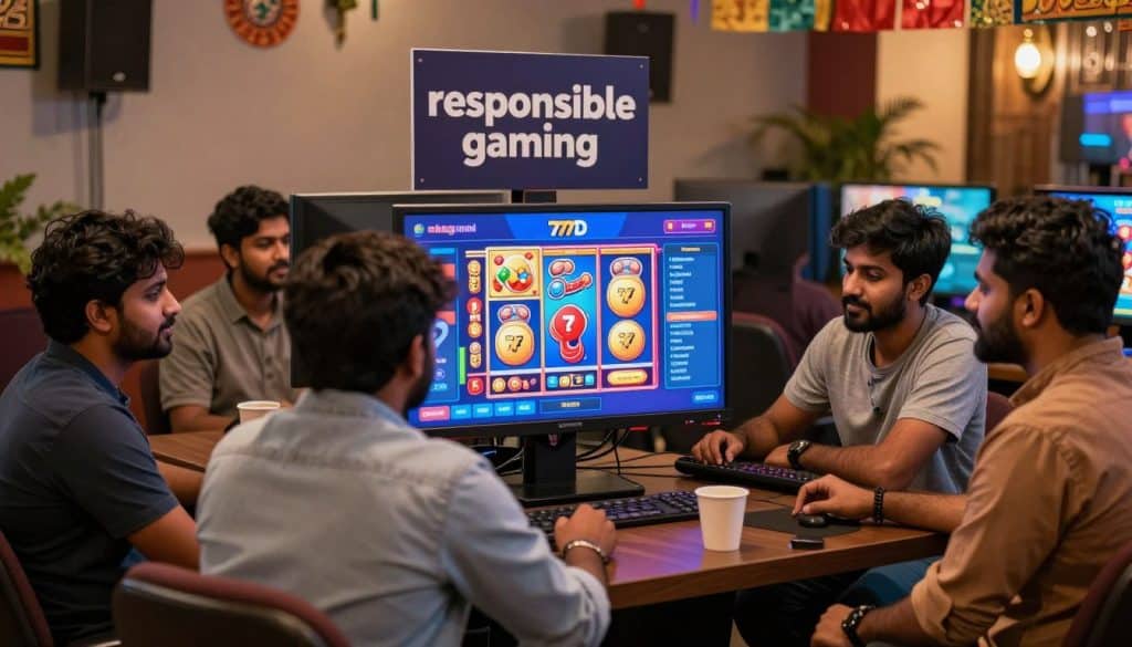 A serene and inviting gaming environment showcasing "responsible gaming" principles. In the foreground, highlight a diverse group of professional Bengali players in modest casual clothing, engaged in friendly discussions about safe gaming practices. The middle ground features a modern mobile casino interface displaying vibrant and colorful slot games from "777D", emphasizing user-friendly navigation. In the background, create a visually stunning setting with soft, warm lighting that evokes a sense of fun and community. Include elements like a responsible gaming advisory sign displayed prominently, surrounded by decorations that reflect a culturally rich atmosphere. Capture the mood of safety, awareness, and enjoyment in this engaging gaming scene, using a slightly angled perspective to add depth and dimension.