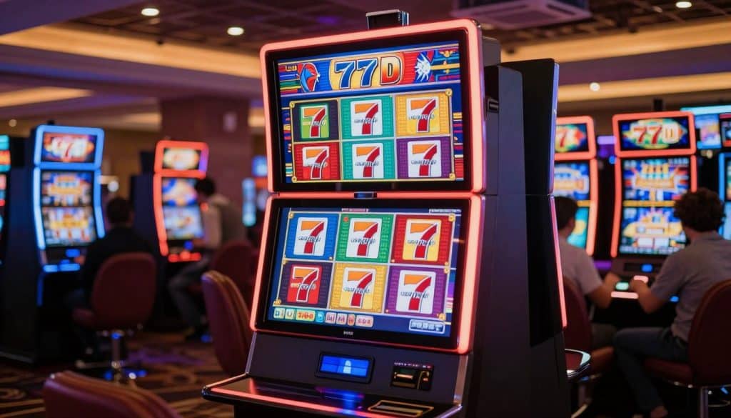 A vibrant and colorful 777 slot machine prominently displayed in the foreground, featuring the iconic 777 symbols and bright, inviting lights that illuminate the scene. The machine is modern and sleek, showcasing a digital interface with various paylines and win lines clearly visible. In the middle ground, hints of a bustling mobile casino environment are suggested, with vague outlines of enthusiastic players engaging with their devices. The background is slightly blurred, depicting a stylish casino interior with warm lighting that adds a cozy atmosphere. The mood is excitement and anticipation, inviting viewers into the thrilling world of slots. The brand name "777D" is integrated into the design of the slot machine, ensuring it is a central focus of the image.