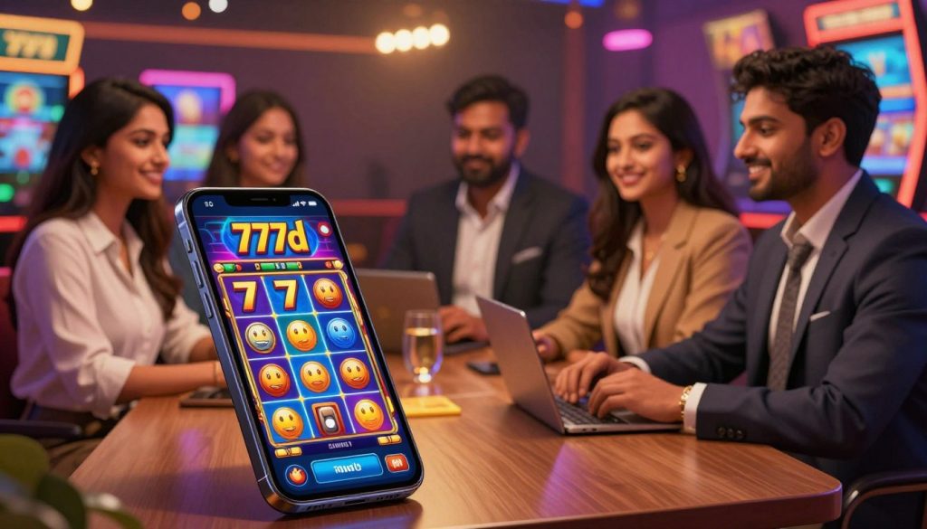 A vibrant and engaging digital illustration showcasing the concept of responsible gaming with the “777d Wild” slot theme. In the foreground, a polished, modern mobile device displays the colorful 777d slot interface with wild and scatter symbols illuminated, drawing attention to the game’s colorful graphics. In the middle ground, a group of diverse Bengali players, dressed in professional business attire, are shown enjoying the game responsibly, maintaining a friendly atmosphere of camaraderie and awareness. The background features a soft-focus casino environment, complete with glimmering lights and subtle hints of gaming elements, fostering a celebratory yet responsible gaming ambiance. The lighting is warm and inviting, creating an atmosphere of excitement tempered with mindfulness about gaming practices. The composition is well-balanced, emphasizing both gaming enjoyment and responsible practices.