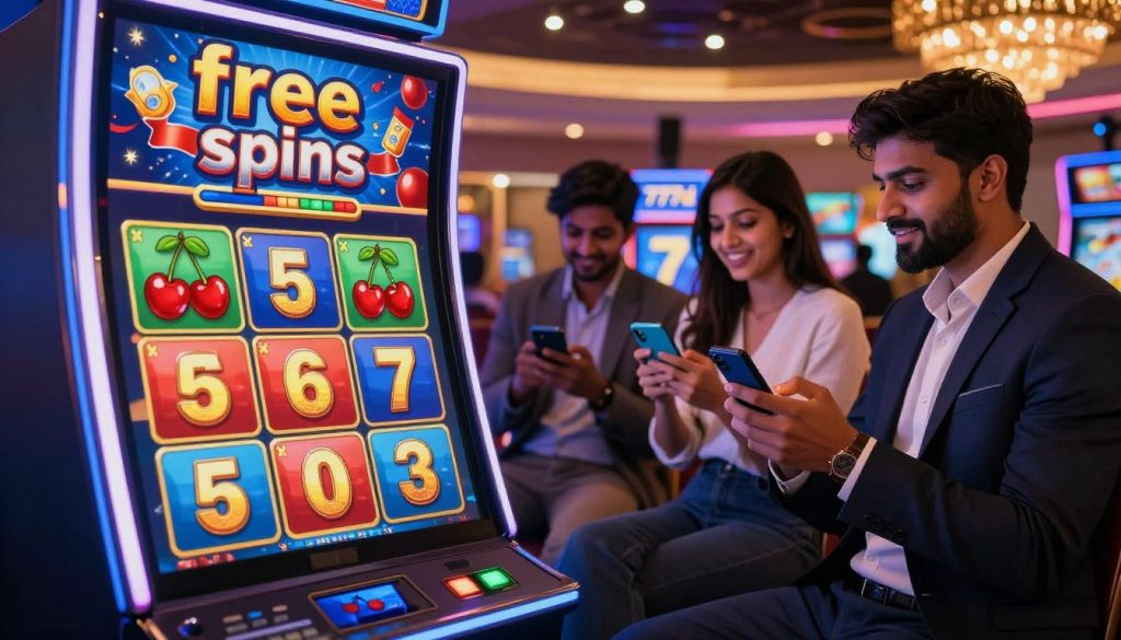A vibrant and engaging illustration depicting the concept of "free spins" in a modern casino setting. In the foreground, showcase a sleek slot machine with bright, colorful symbols like cherries, bars, and sevens, focusing on the bonus feature that represents free spins. The middle ground features excited Bengali mobile players, clad in professional attire, interacting with their smartphones as they experience the thrill of winning. The background should be an inviting modern casino environment, with soft lighting and shimmering lights that create a lively atmosphere. Include subtle elements like a digital display showing "777d" to reinforce the brand. The image should evoke excitement and anticipation, perfect for a guide on slot games.