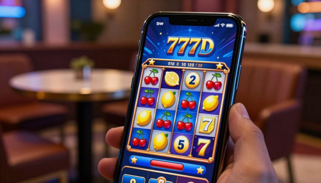 A vibrant and engaging scene depicting a modern mobile casino interface showcasing a "777D" low volatility slot game. In the foreground, a smartphone displays the slot game with colorful reels filled with classic symbols like cherries, lemons, and sevens, all lit up as a winning combination appears. The background features a cozy, inviting environment with soft lighting, suggesting a relaxed atmosphere ideal for beginner players. Add elements like a sleek table and a comfortable chair to present a casual yet stylish gaming space. Incorporate subtle reflections on the smartphone screen to enhance realism. Overall, the mood should be exciting yet approachable, inviting players to enjoy a fun and random gaming experience.