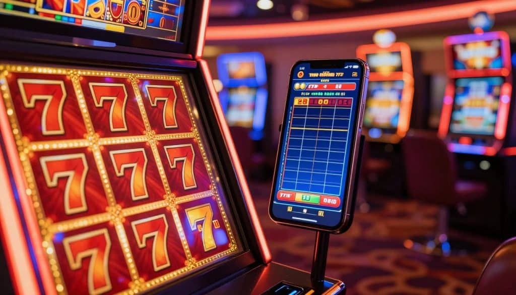 A vibrant and eye-catching depiction of a "RTP triple red hot 777" slot machine. The foreground features a gleaming slot machine with bold red and gold colors, showcasing the iconic "777" symbols and bright LED lights. In the middle ground, a sleek mobile device displays a modern casino UI with visible paylines and win lines graphic, appealing to Bengali players. The background includes a softly blurred casino environment, filled with colorful gaming tables and ambient lighting, creating an immersive atmosphere. Warm, inviting lighting enhances the richness of the colors, while a slight tilt angle captures the exciting essence of the gaming experience. The overall mood is dynamic and enticing, representing the thrilling world of 777D payline slots.
