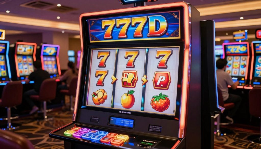 A vibrant and immersive digital representation of a "777D" slot machine, prominently featuring the classic triple sevens. In the foreground, focus on the glossy slot machine with illuminated buttons and shiny, colorful symbols on its reels, which include fruits and bonus icons. The middle ground showcases a sleek, modern casino interior with a backdrop of other gaming machines, creating a bustling atmosphere. Utilize warm, inviting lighting to highlight the excitement of the casino environment, enhancing the allure of the "777D" machine. In the background, depict blurred outlines of players engaged in gameplay, hinting at the diverse and lively scene. Capture the essence of modern online gaming while maintaining a clear focus on the "777D" slot.