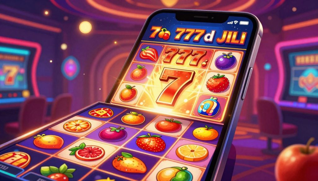 A vibrant digital illustration showcasing a modern mobile casino interface featuring 777d JILI slots. In the foreground, highlight the colorful array of slot game icons, including fruits and symbols typical for slots, designed to appeal to Bengali players. The middle ground should display a stylish smartphone with an engaging gameplay screen, clearly depicting a bonus feature activation. In the background, create an atmospheric casino setting, filled with dynamic lighting effects and abstract patterns to evoke excitement. Use bright, neon colors with a warm glow to capture the thrilling experience of playing slots. Ensure the overall mood is energetic and fun, without any text or branding visible, focusing solely on the visual representation of the gaming experience.
