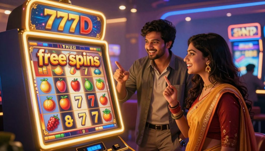 A vibrant illustration showcasing a mobile casino scene centered around "free spins" in a low volatility slot game themed for Bengali players. The foreground features a glowing golden slot machine with the brand name "777D" prominently displayed and colorful symbols like fruit and lucky sevens spinning. The middle ground includes a handsomely dressed male and female player, both smiling and enthusiastically watching the slot machine's action. In the background, a soft-focus depiction of a modern mobile casino interface adds depth, with bright lights and dynamic graphics creating an electrifying atmosphere. The overall lighting is warm and inviting, with a slight lens flare to enhance the excitement of winning. The mood is fun and engaging, reflecting the thrill of bonuses and free spins in gaming.