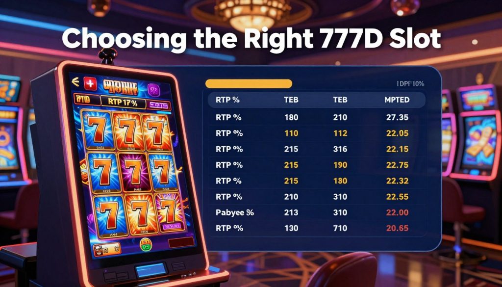 A visually appealing illustration representing "Choosing the Right 777D Slot" for a gambling guide. In the foreground, depict a vibrant, modern casino interface with various 777D slot machine icons showcasing enticing designs and bright colors. The middle ground should feature a detailed infographic style layout highlighting key metrics like RTP percentages and player statistics, symbolizing informed choices. The background can showcase a stylish, blurred casino environment, enhancing the gaming atmosphere. Lighting should be dynamic, with neon accents and soft shadows creating an inviting yet professional mood. Ensure the composition captures the essence of safe gaming for Bengali mobile players without showing real people, focusing entirely on the engaging slot machine visuals.